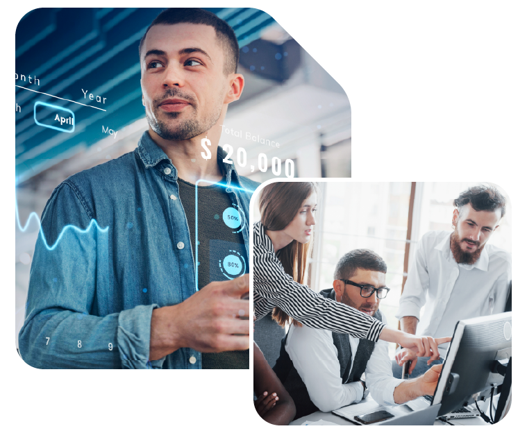 Grupo de profesionales trabajando juntos y hombre con gráficos digitales al fondo