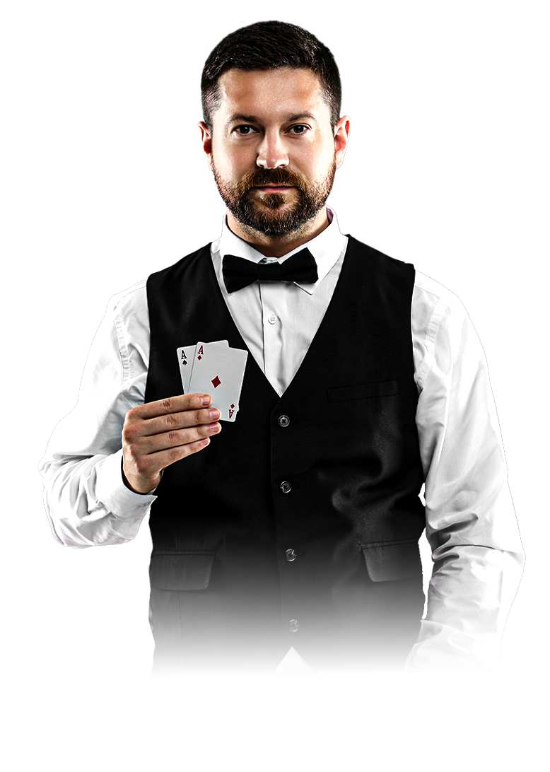 Professional casino dealer in formal attire holding playing cards in an elegant casino environment