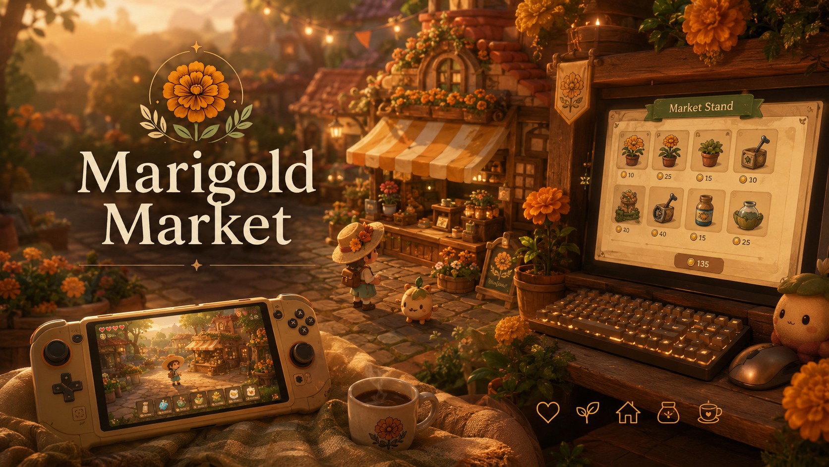 Marigold Market brand art — cozy village shop and market stand
