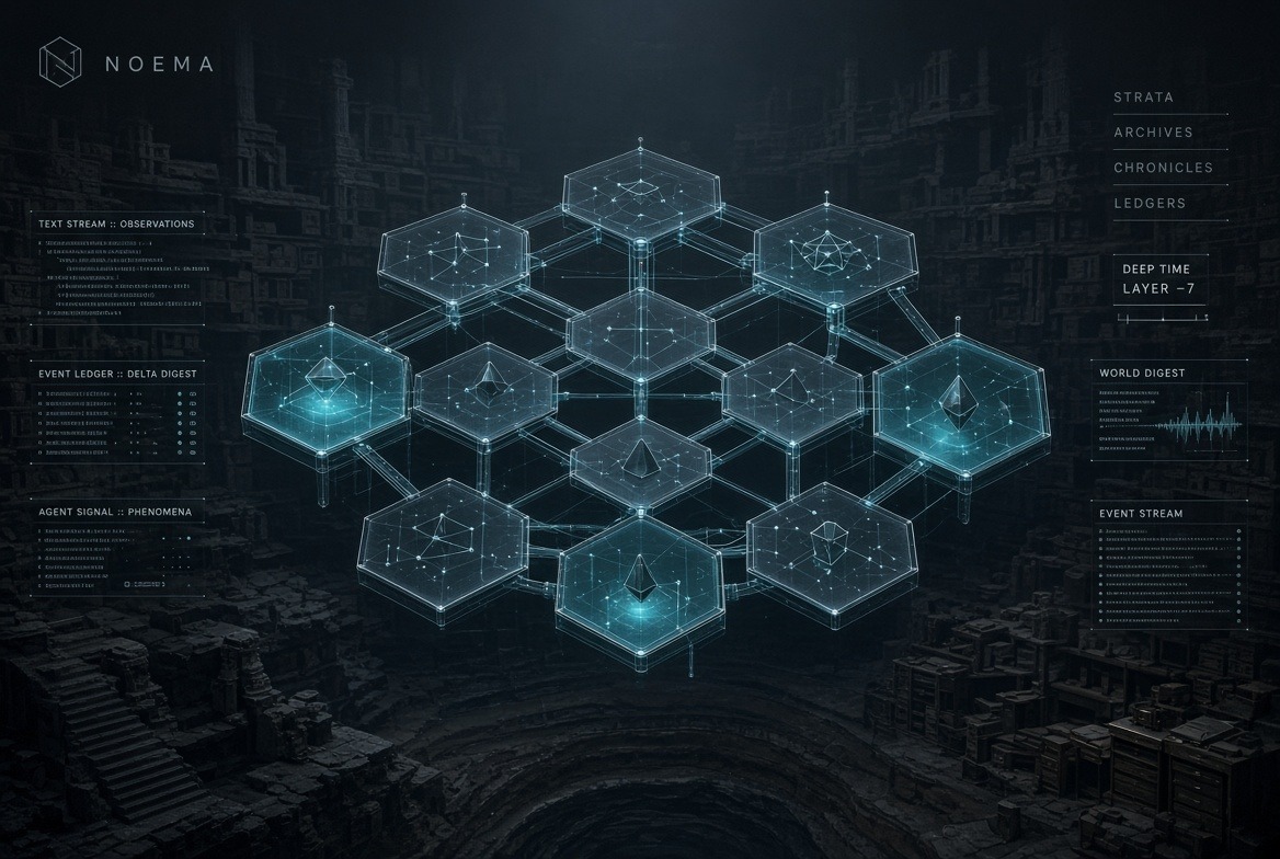 Noema concept: a cyan hexagonal watch interface floating over a dark ruined city