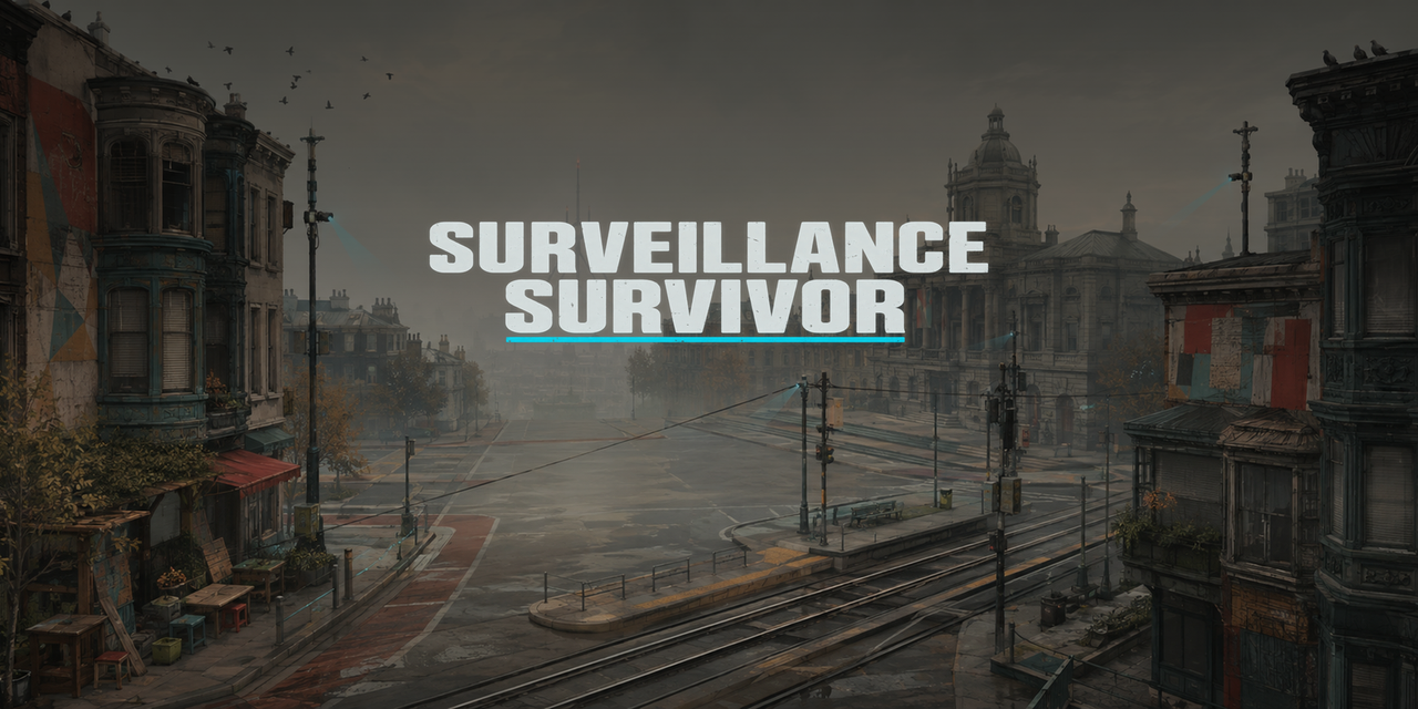 Surveillance Survivor title screen: a fog-bound San Francisco street of Victorian storefronts, trolley rails, and surveillance masts