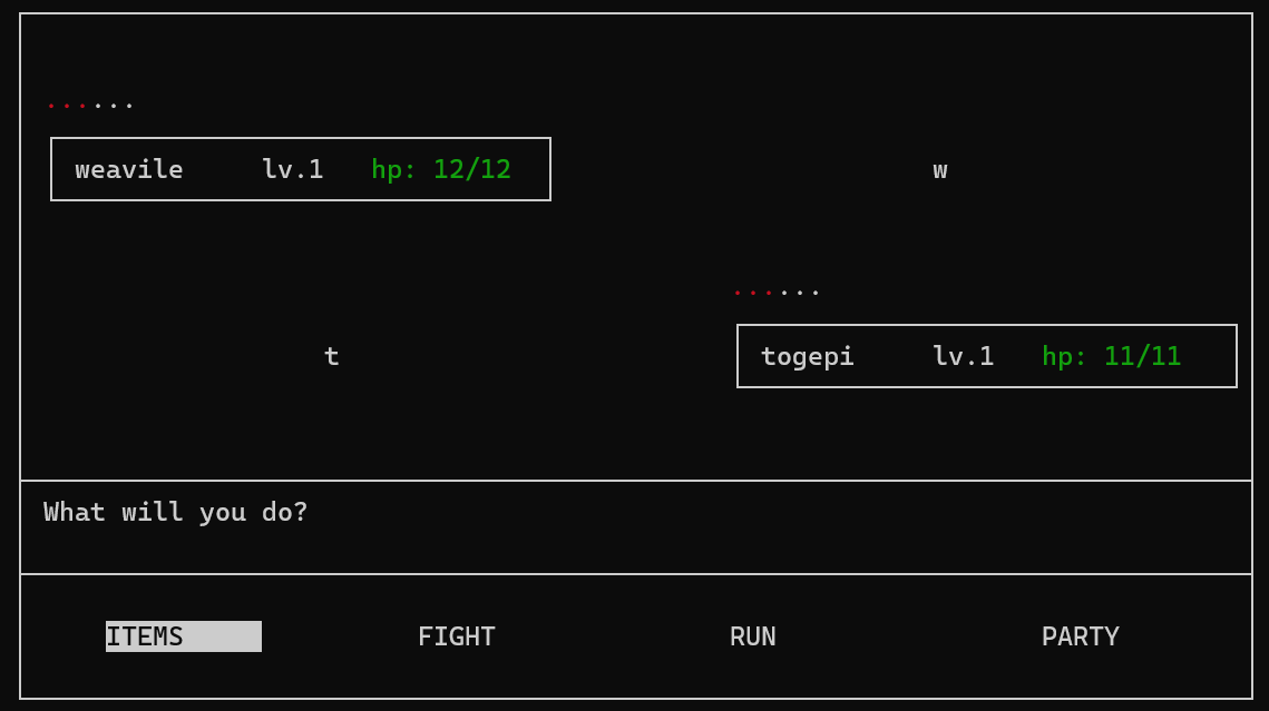Terminal display for a Pokemon battle with ASCII