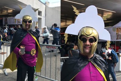 Two photos of a man doing cosplay