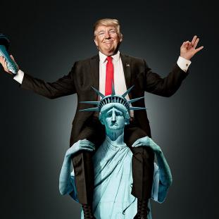 The statue of liberty piggybacking Donald Trump