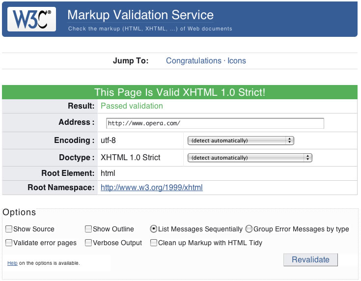 W3C HTML Validator の画面。チェックした XHTML 1.0 Strict 文書に問題がないことを示している。