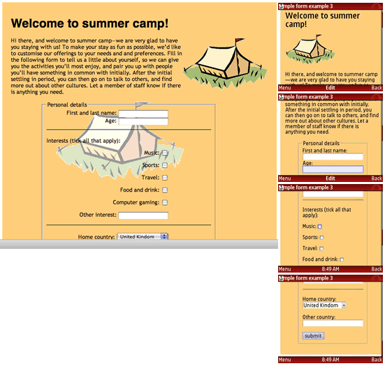 The example page shown in both Opera 9.5 desktop and Opera Mini 4.1
