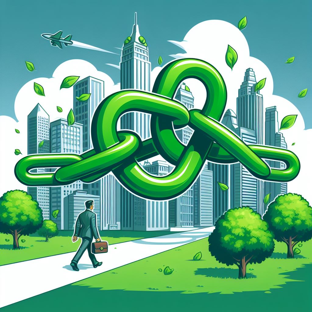 man walking towards city scape with big green links above his head