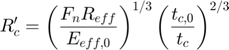 $$R_{c}' = \left(\frac{F_{n}R_{eff}}{E_{eff,0}}\right)^{1/3}\left(\frac{t_{c,0}}{t_{c}}\right)^{2/3}$$