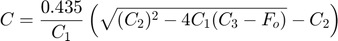 $$C = \frac{0.435}{C_{1}} \left ( \sqrt{(C_{2})^{2} - 4C_{1}(C_{3}-F_{o})} - C_{2} \right )$$