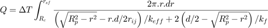 $$Q = \Delta T\int_{R_{c}}^{r_{sf}}\frac{2\pi.r.dr}{\left(\sqrt{R_{p}^{2}-r^{2}}-r.d/2r_{ij}\right)/k_{eff}+2\left(d/2-\sqrt{R_{p}^{2}-r^{2}}\right)/k_{f}}$$
