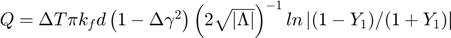 $Q = \Delta T \pi k_{f}d\left(1-\Delta\gamma^{2}\right)\left(2\sqrt{\left|\Lambda\right|}\right)^{-1}ln\left|(1-Y_{1})/(1+Y_{1})\right|$