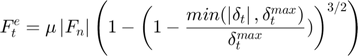 $$F_{t}^{e} = \mu \left | F_{n} \right | \left ( 1 - \left ( 1 - \frac{min(\left | \delta_{t} \right |,\delta_{t}^{max})}{\delta_{t}^{max}}) \right )^{3/2} \right )$$