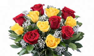 Red and yellow roses in elegant vase.