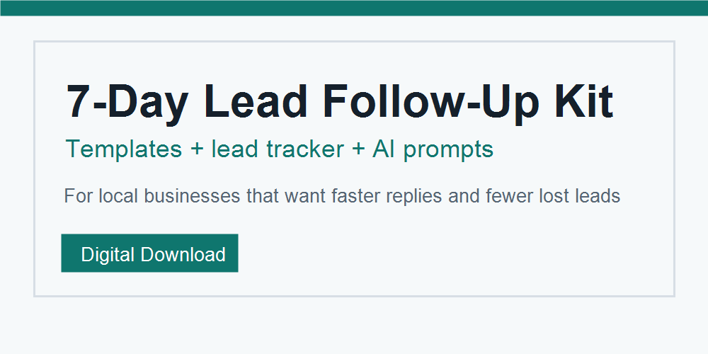 Preview of the 7-Day Lead Follow-Up Kit showing templates, a lead tracker, and AI prompts