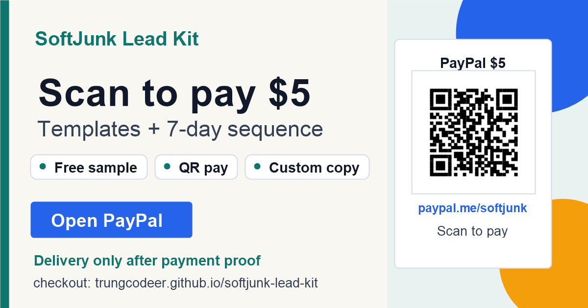 SoftJunk $5 PayPal offer card with QR code