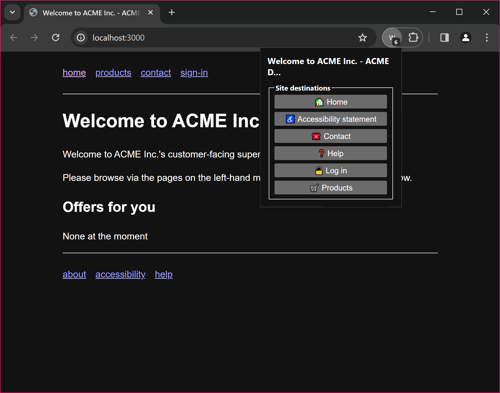 A fictional ACME Inc. home page, with the extension pop-up open, showing 6 buttons, each containing emoji and accompanying text names for the discoverable destinations offered by the site: home, accessibility statement, contact, help, log in, and products.