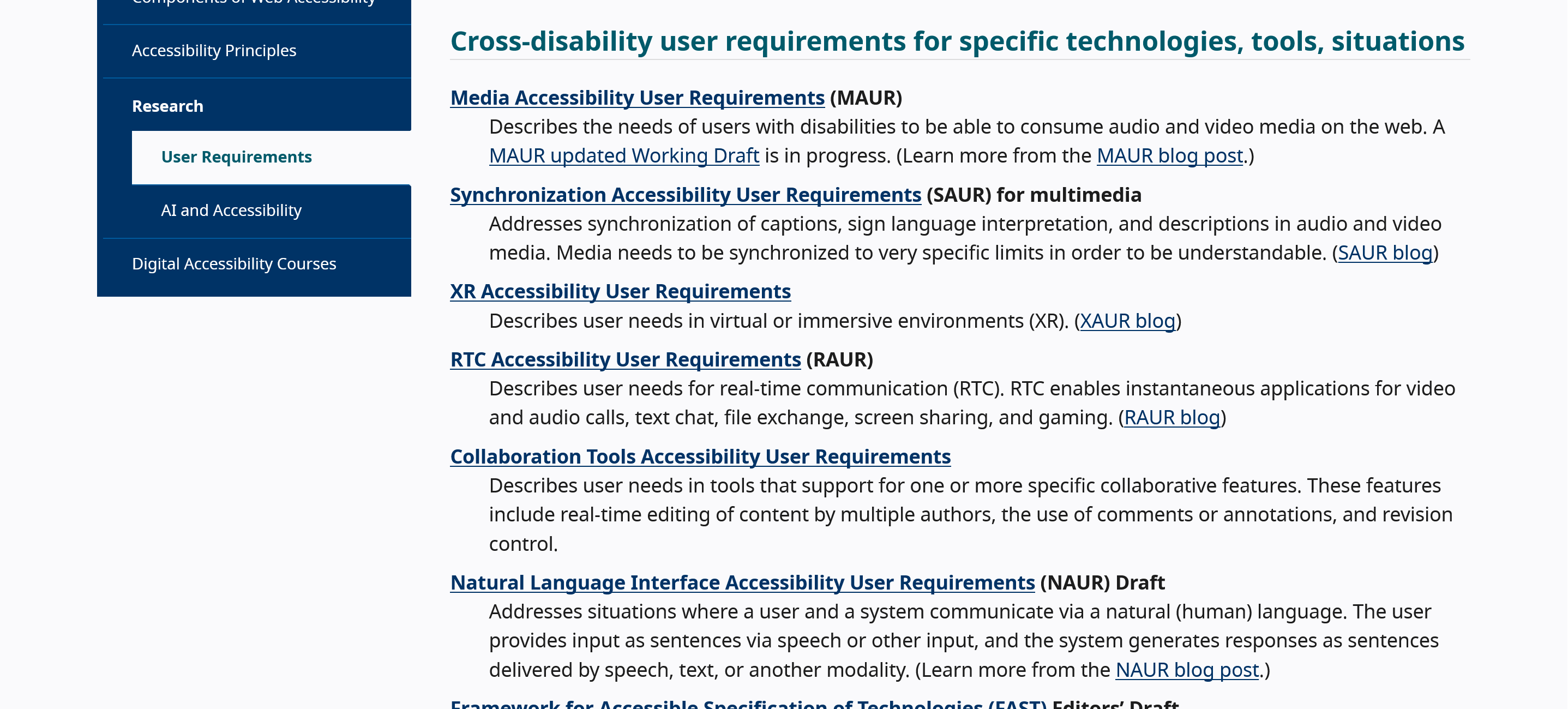 Digital Accessibility User Requirements excerpt