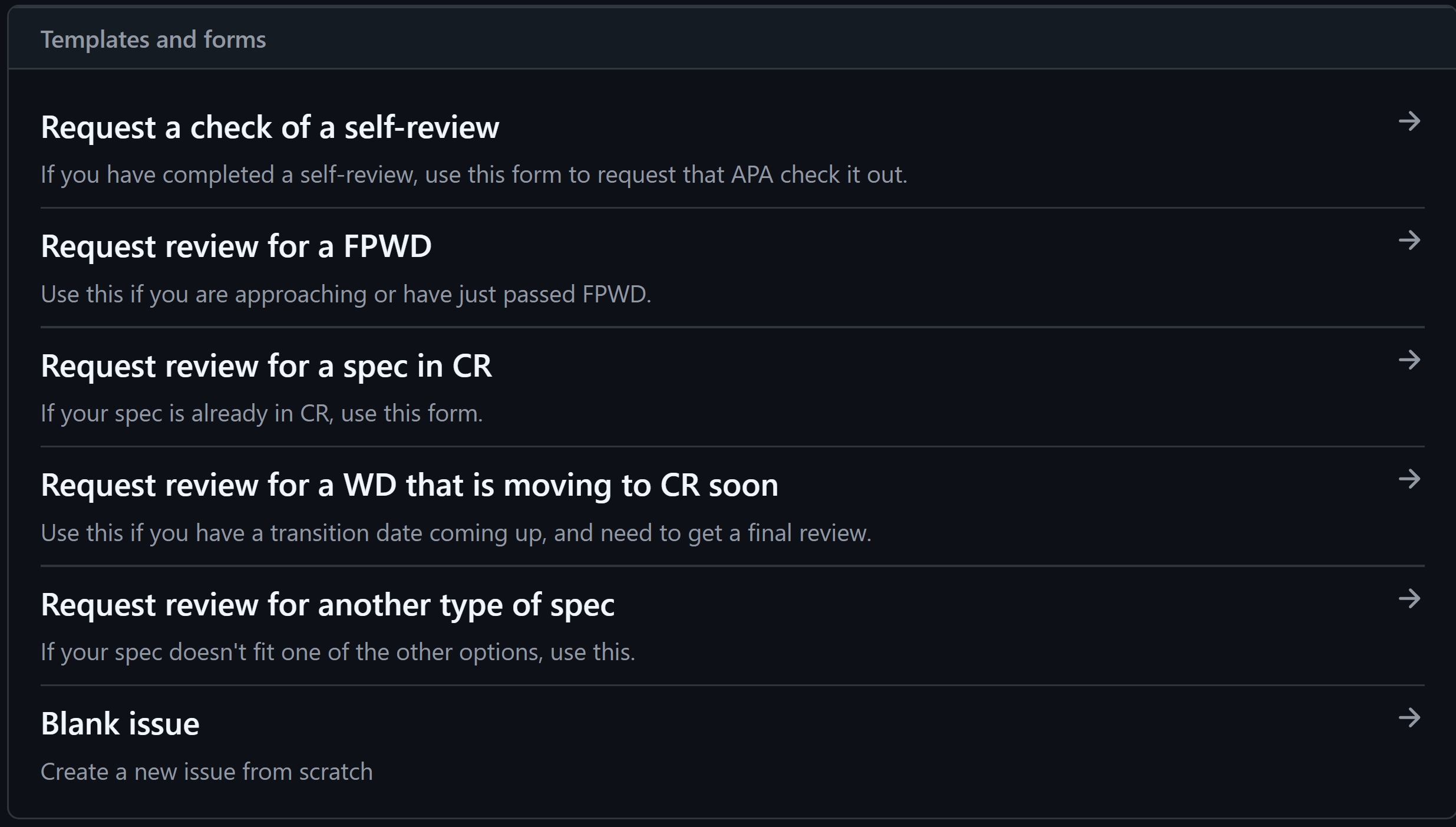 Options on GitHub for requesting review from APA WG