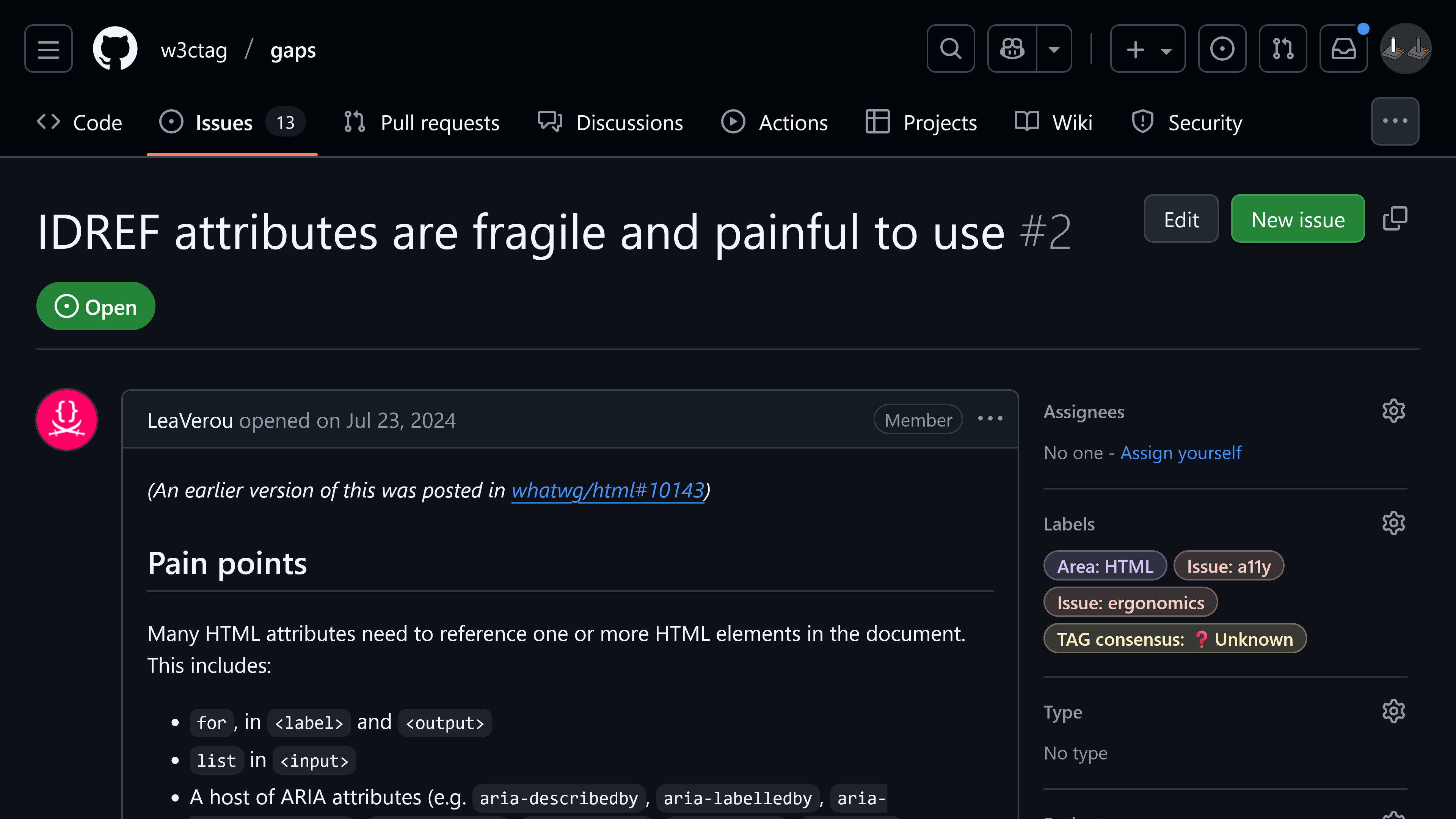 IDREFs issue in the TAG's web platform gaps repo