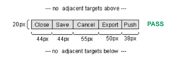 A row of buttons which are more that 44px wide and 20 CSS pixels high. There are no targets above or below.